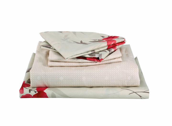 Red Bloomers 6 Pieces Printed Sheet Set in King & Queen Sizes - Artabori