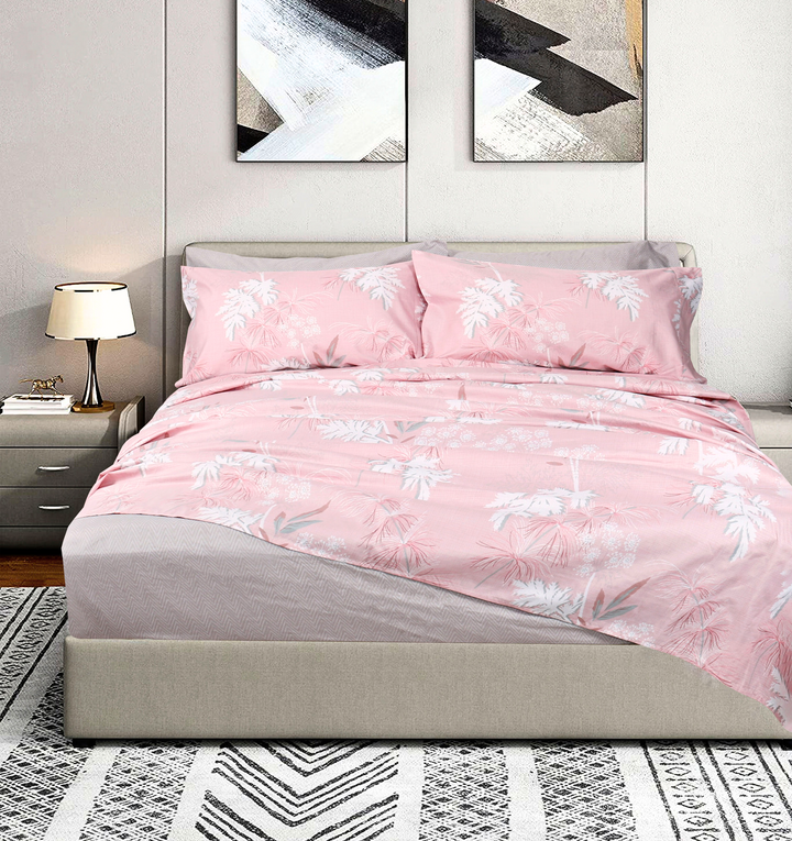 Ice Pink 6 Pieces Printed Sheet Set in King & Queen Sizes - Artabori