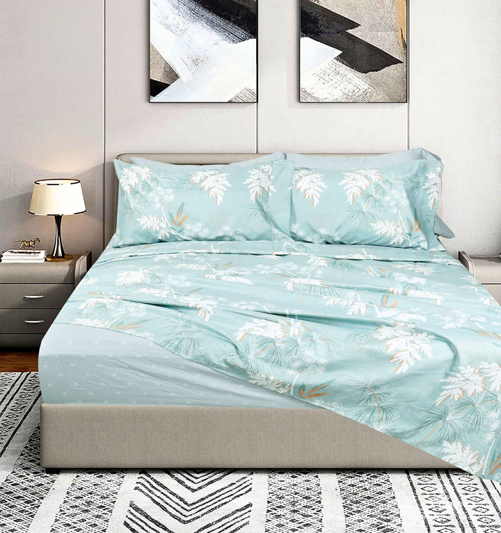 Ice Green 6 Pieces Printed Sheet Set in King & Queen Sizes - Artabori